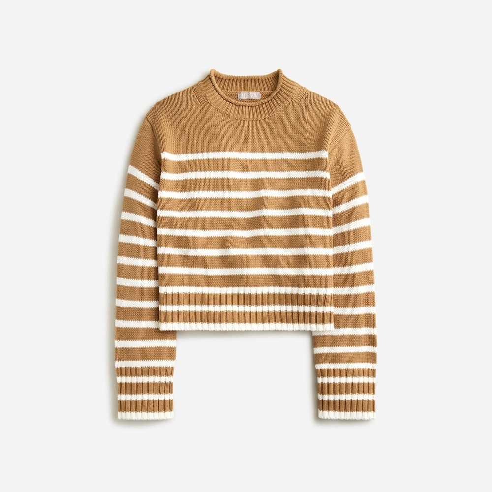 J. Crew Tan and White Striped Crew Neck Sweater